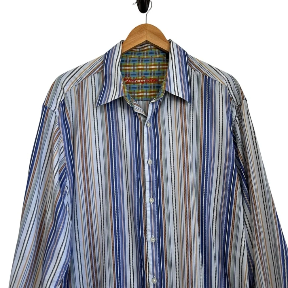 Robert Graham Mens Striped Button Up Shirt Sz 2XL Multicolor Contrast Cuffs